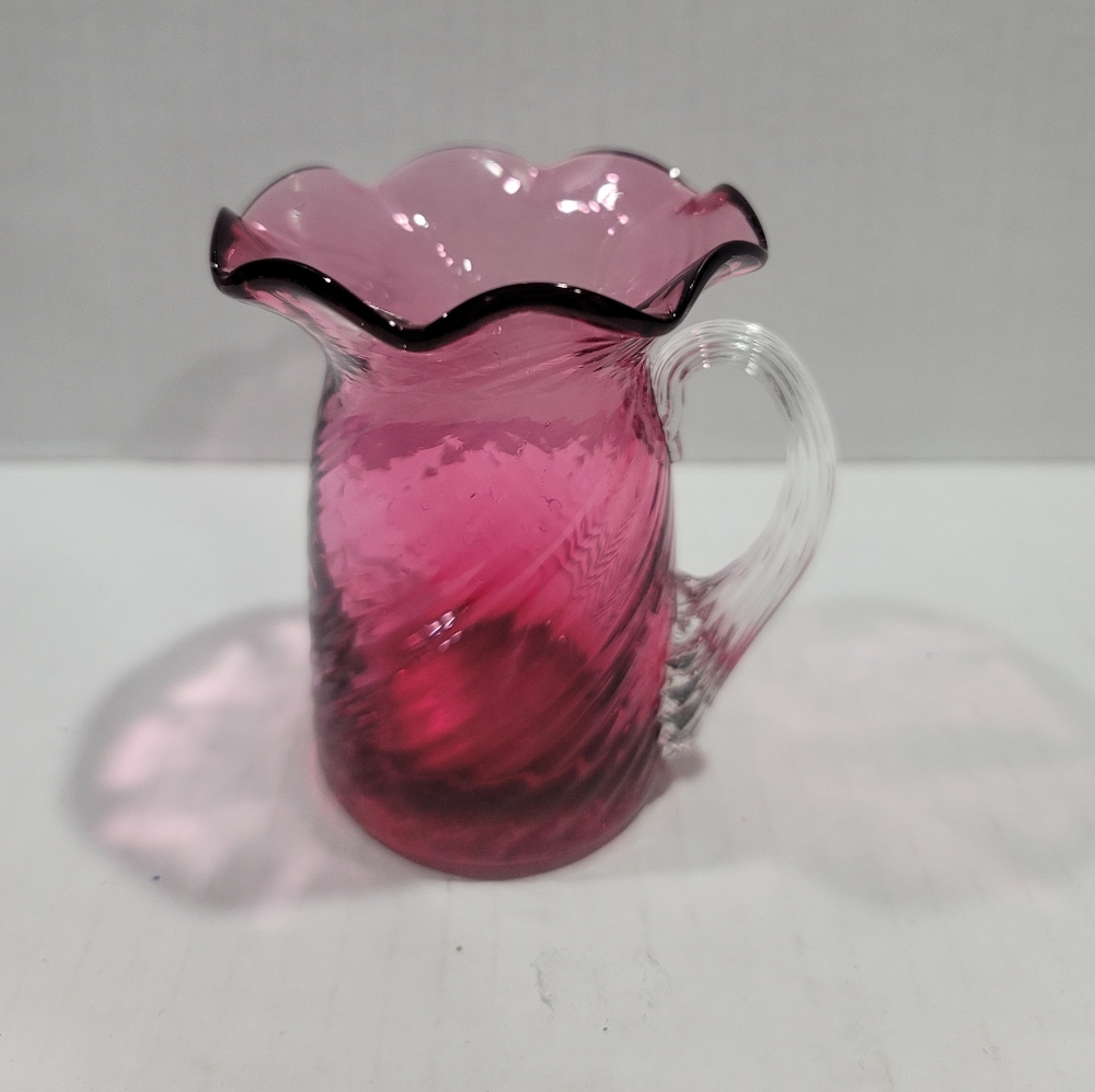 Vintage Pilgrim Cranberry Glass Swirl 3.5" Pitcher w/Otptic Applied Handle